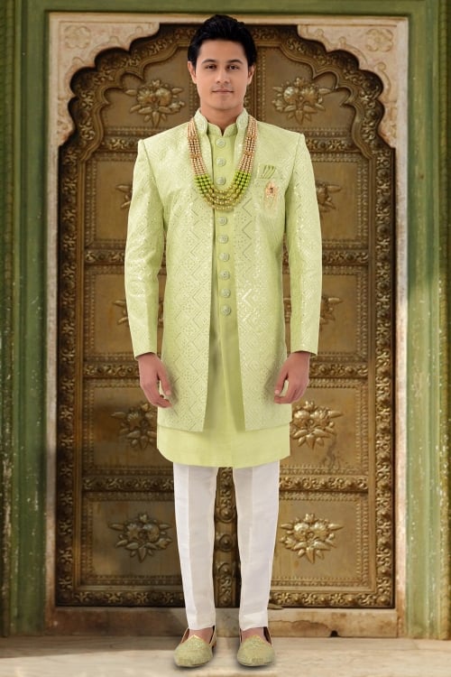 Pista Green Silk Sherwani with Sequinned Jacket