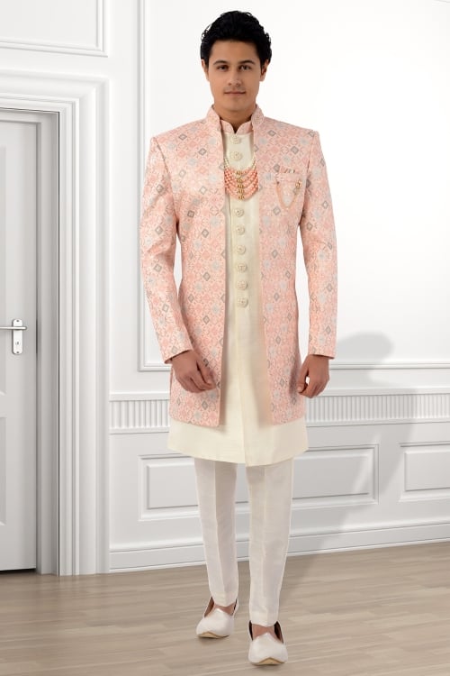 Cream Silk Sherwani with Sequinned Jacket
