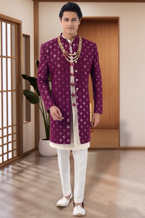Cream Silk Sequinned Sherwani with Applique Work Jacket