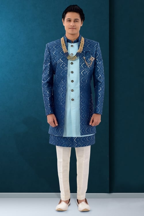 Light Blue Silk Sherwani with Sequinned Jacket