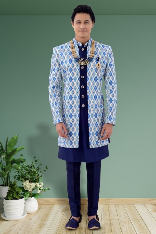 Blue Silk Sherwani with Printed Jacket