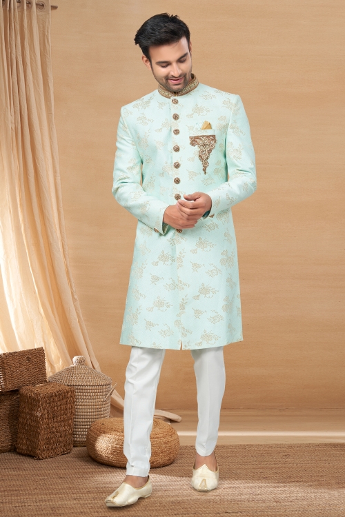 Sea Green Jacquard Woven Indo Western Set with Handwork
