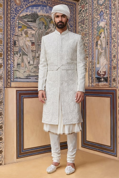 Silk Off White Sherwani Set with Beads and Sequin Work