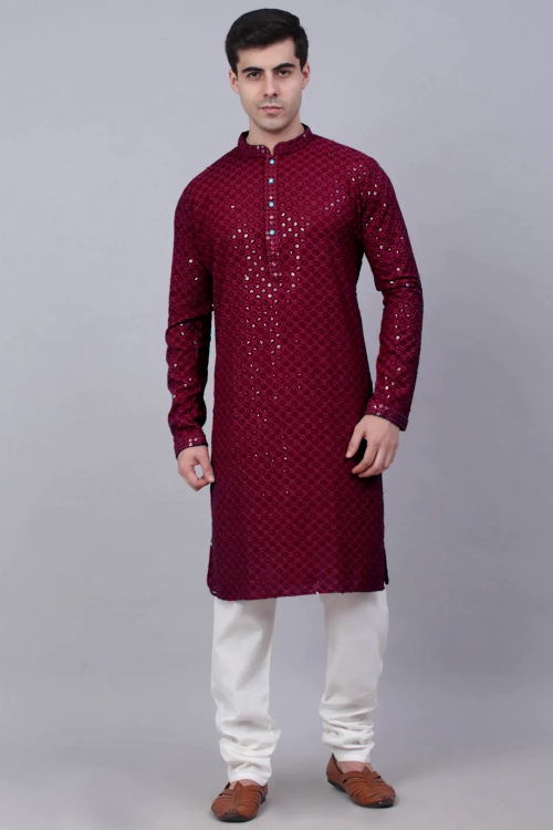 Red Sequin Embroidered Kurta Pajama in Rayon