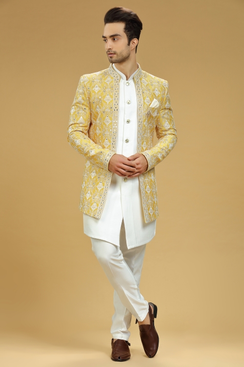 Pearl White Silk Indo Western Jacket Set with Mirror Embroidery