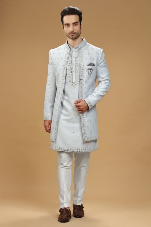 Grey Silk Kurta Pajama with Jacket with Mirror Embroidery Work