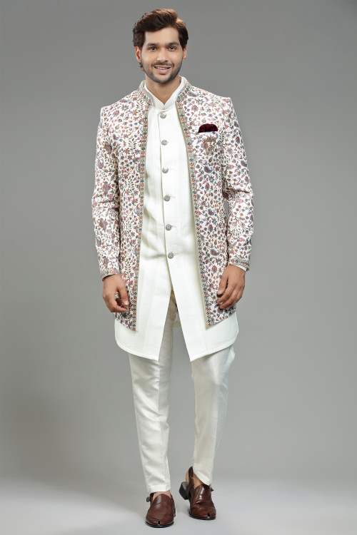 Cream Silk Indo Western Jacket Set with Floral Print