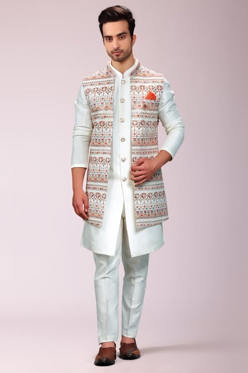 Ivory White Imported Silk Sequin Embroidered Indo Western Jacket Set