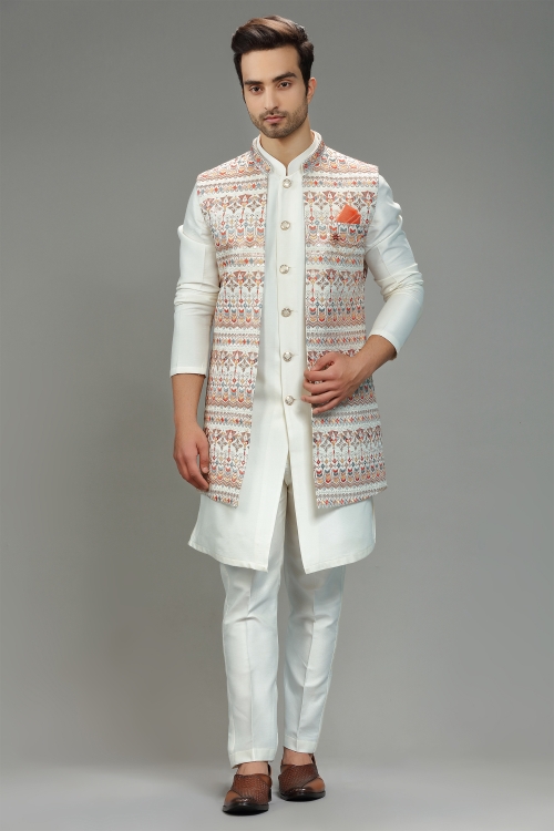Ivory White Imported Silk Sequin Embroidered Indo Western Jacket Set