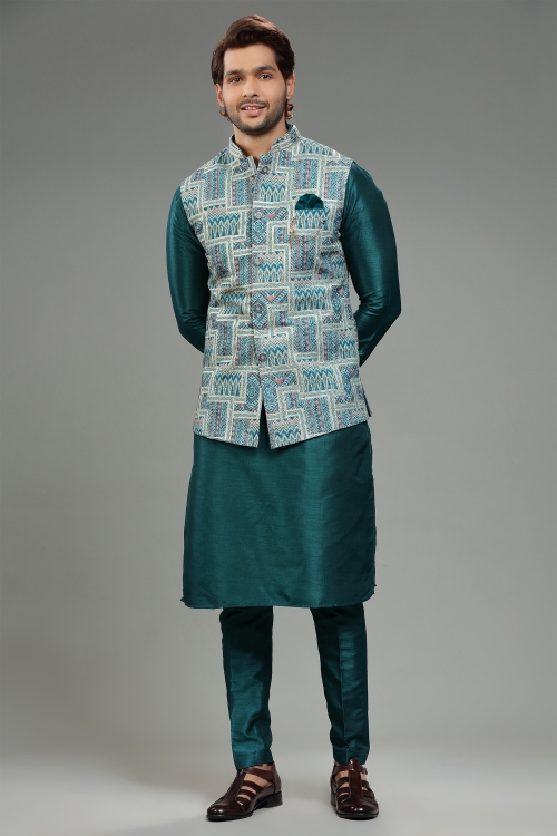 Teal Green Silk Kurta Pajama with Printed Jacket