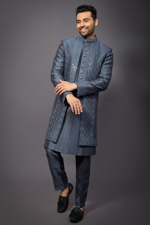 Slate Blue Jacket Style Indo Western Outfit with Embroidery and Mirror Work