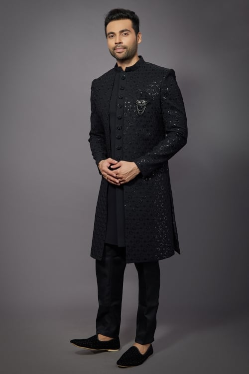 Black Silk Indo Western Jacket Set with Sequins Work
