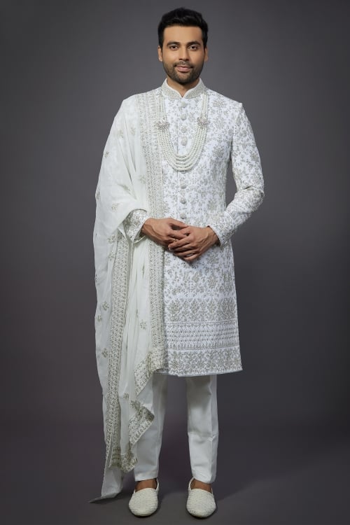 Pearl White Silk Dori Embroidered Sequins Work Sherwani