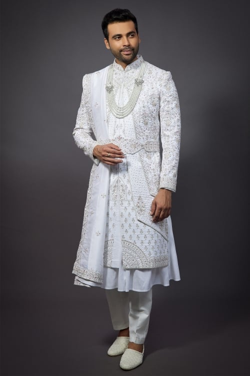 Pearl White Raw Silk All Over Embroidered Sherwani