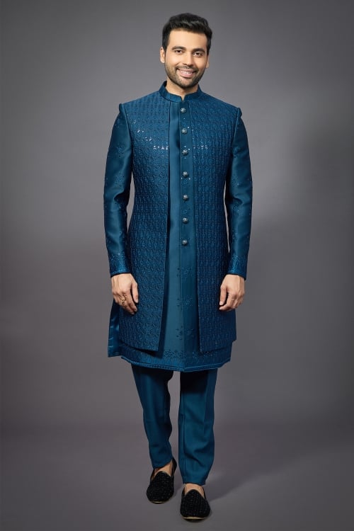 Rama Blue Indo Western Jacket Set with Sequin Embroidery Work