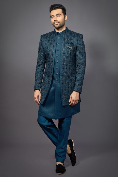 Rama Blue Silk Indo Western Jacket Set with Sequins Embroidery Work