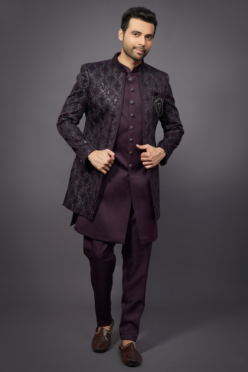 Dark Purple Silk Indo Western Jacket Set with Sequins Embroidery Work