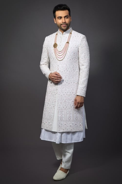 Pearl White Silk Lucknowi Chikankari Work Sherwani Set