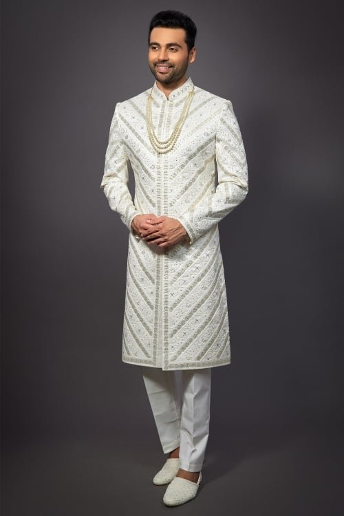 Sequin Embroidered Off White Sherwani in Silk