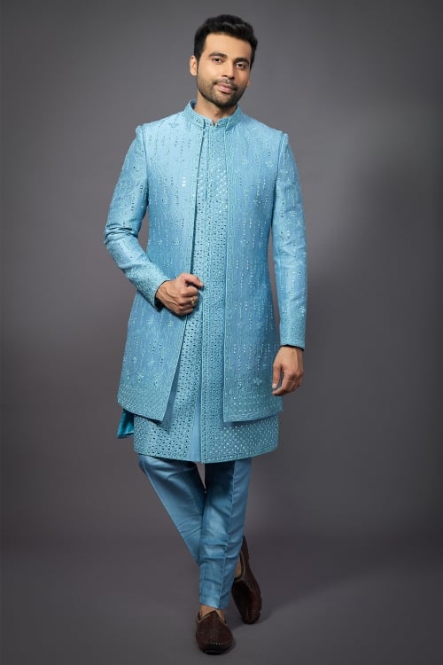 Aqua Blue Embroidery Mirror Work Indo Western Jacket Set in Silk
