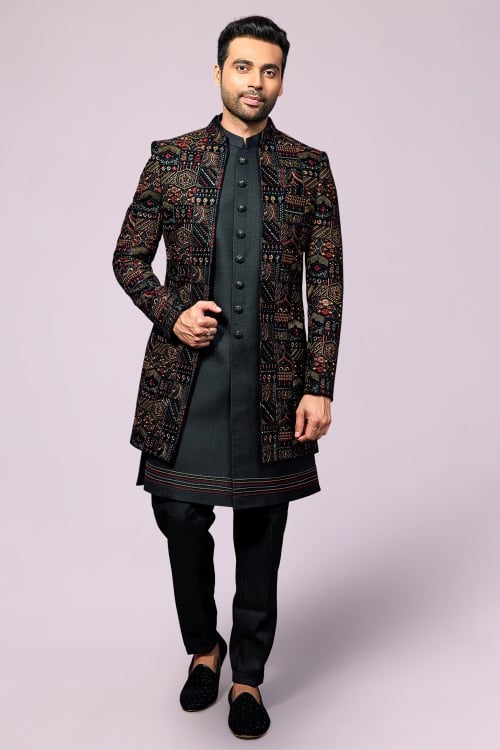 Black Indo Western Outfit in Silk with Embroidered Jacket