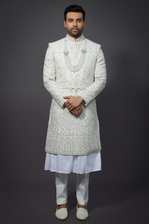 Pearl White Silk All Over Sequin Embroidered Sherwani