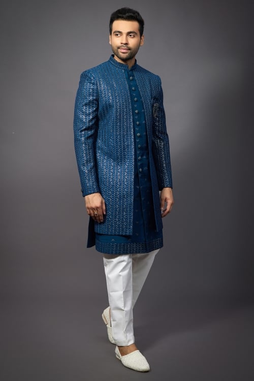 Rama Blue Silk Sequinned Jacket Style Indo Western Set