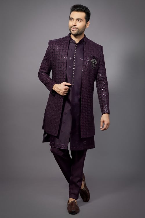 Wine Purple Silk Indo Western Jacket Set with Sequins Work