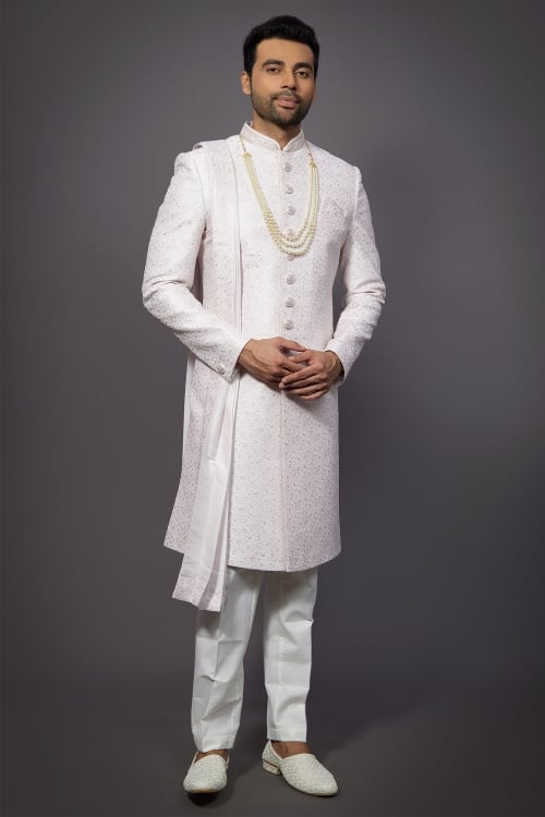 Light Pink Silk All Over Embroidered Sherwani