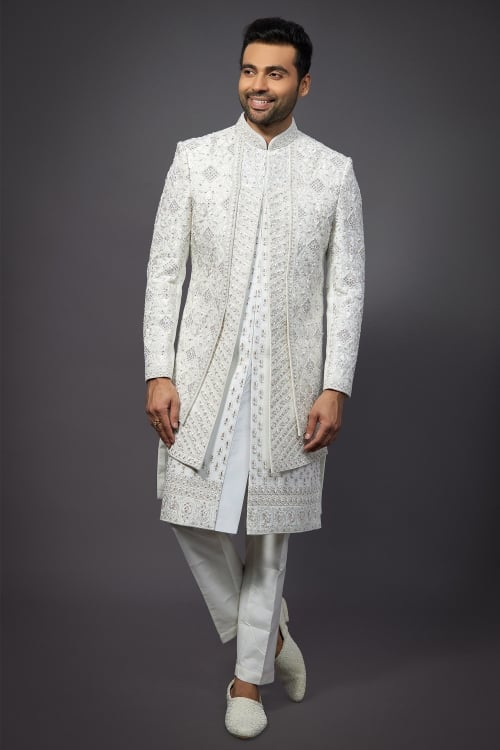 Pearl White Silk Embroidered Sherwani Set