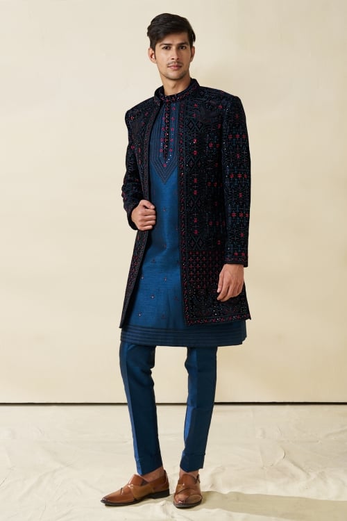 Blue Silk Floral Embroidered Jacket Indo Western Set