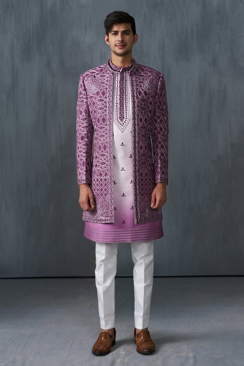 Off White and Lavender Purple Silk Embroidered Indo Western Set