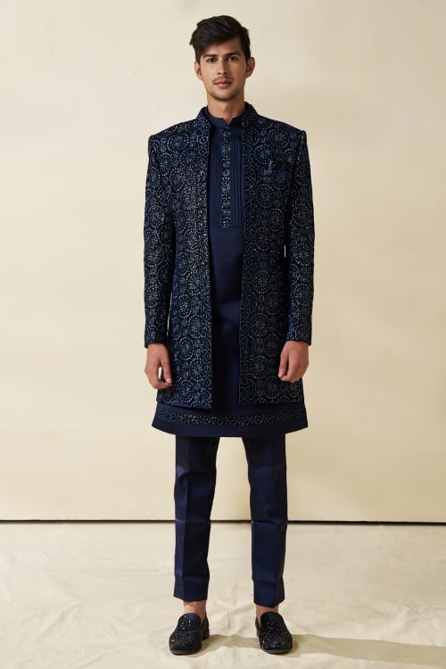 Blue Silk Embroidered Jacket Indo Western Set