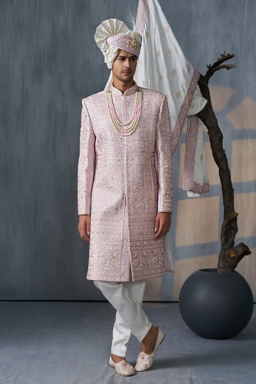 Pink Silk Lucknowi Worked Sherwani Set