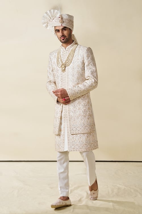 Off White Lucknowi Worked Sherwani in Silk