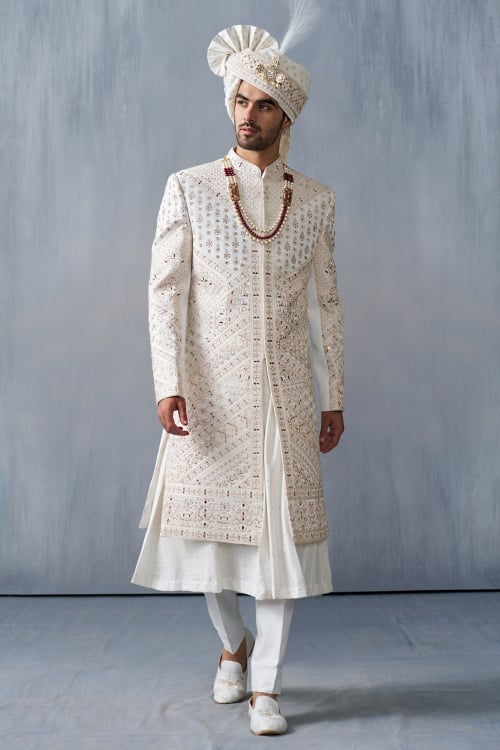 Off White Silk Embroidery Sequin Sherwani Set