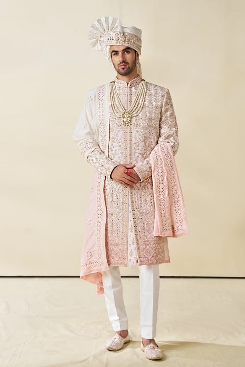 Off White and Pink Silk Sherwani Set with Embroidery