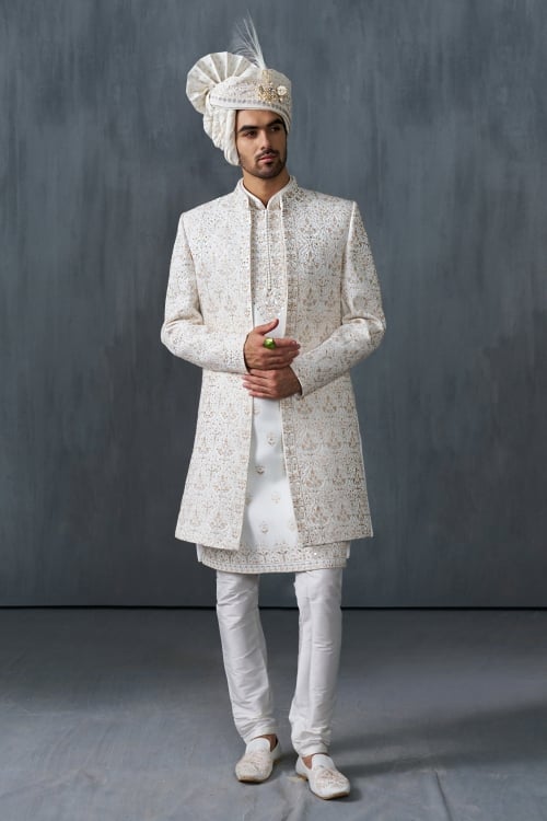 Pearl White Silk Sequin Embroidered Sherwani Set