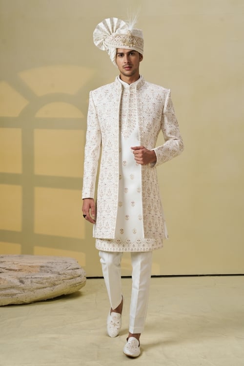 Pearl White Silk Sequin Embroidered Sherwani Set