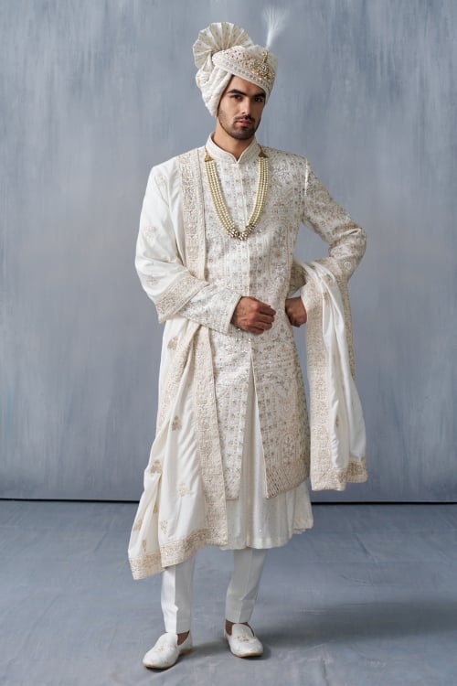 Off White Silk Sherwani Set with Sequin Embroidery