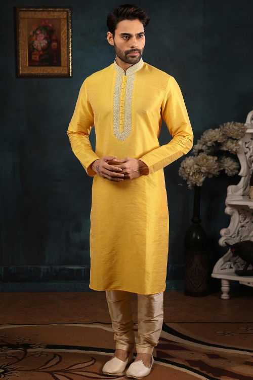 Yellow Banarasi Art Silk Handworked Kurta Pajama