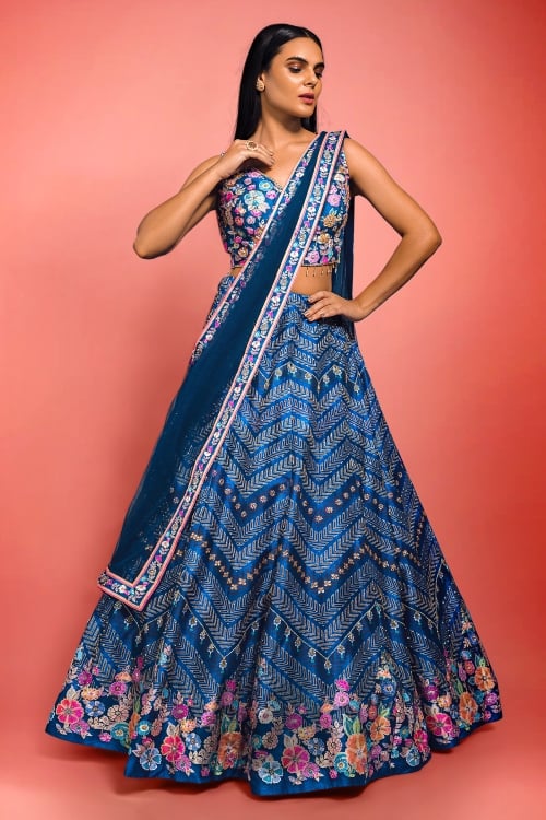 Blue Silk Flared Lehenga with Floral Motifs