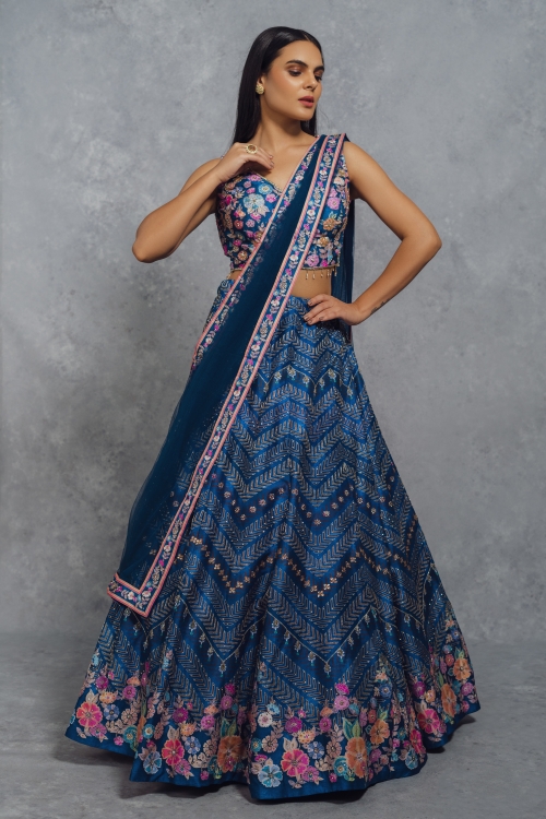 Blue Silk Flared Lehenga with Floral Motifs