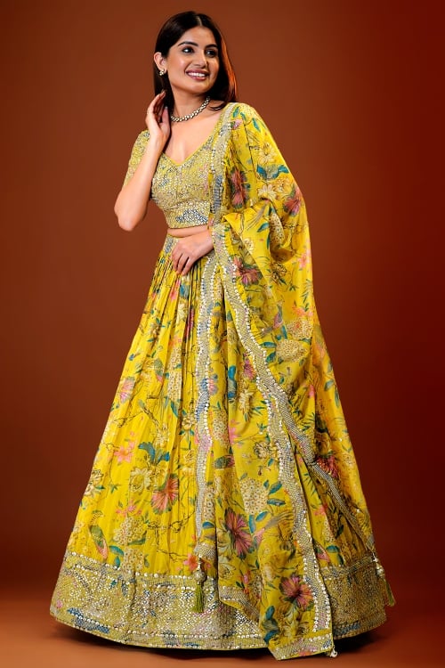 Lime Green Floral Printed Lehenga in Organza with Sequins Work