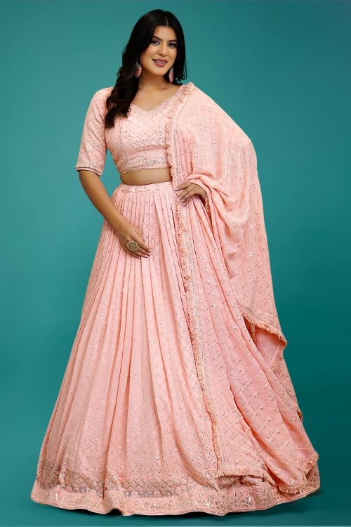 Pink Checks Embroidery Sequinned Lehenga in Georgette