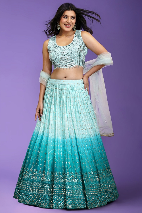 Blue Ombre Sequinned Lehenga in Georgette with Embellished Blouse