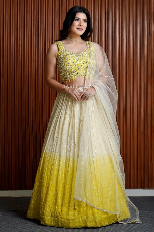Cream and Yellow Sequinned Lehenga in Georgette with Embellished Mirror Work Blouse