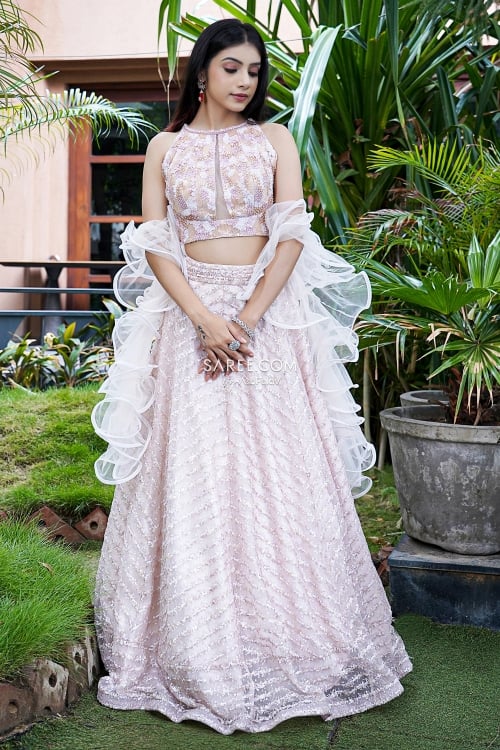 Baby Pink Sequinned Lehenga in Net with Halter Neck Cutdana Worked Blouse
