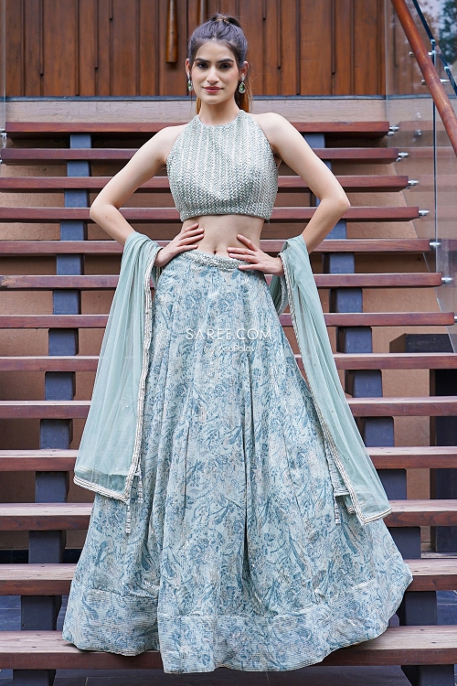 Stone Blue Sequinned Lehenga in Chinon Georgette with Halter Neck Embellished Blouse