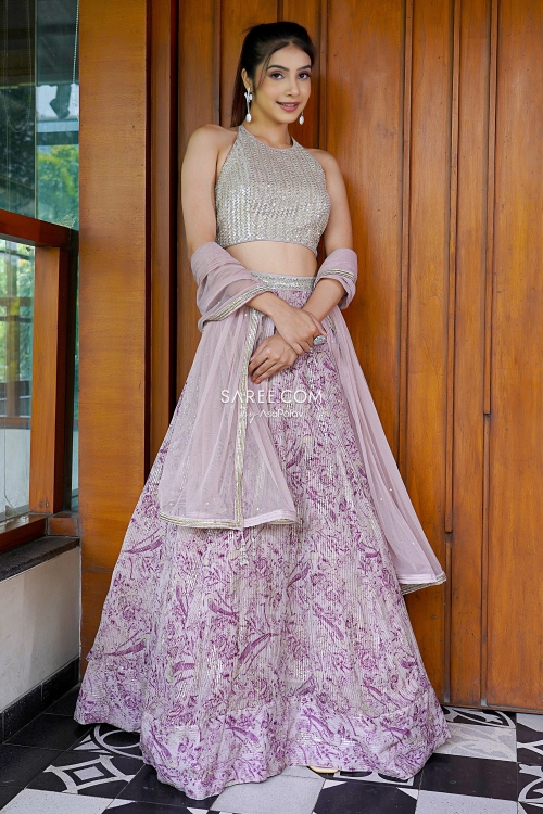 Lilac Purple Floral Motifs Lehenga in Chinon Georgette with Sequinned Embellished Blouse